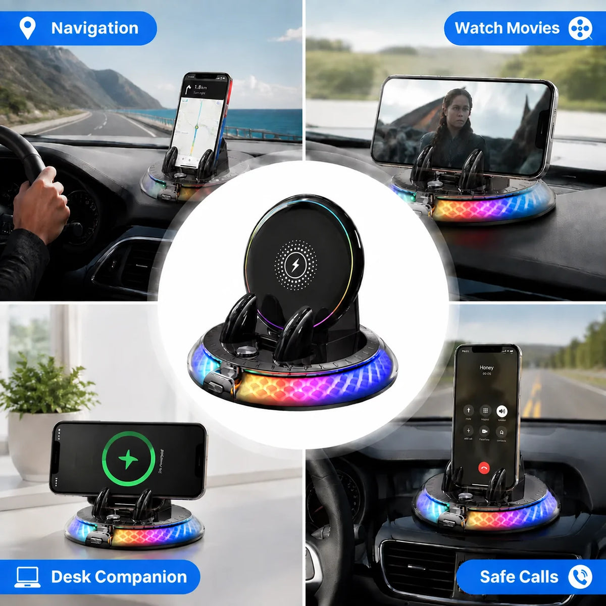 حامل هاتف لاسلكي للسيارة قابل للدوران 360 درجة مع شحن RGB، مثبت في لوحة القيادة للملاحة والأمان