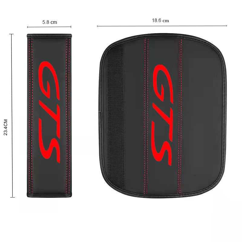 Black genuine leather seat belt protector cover with red stitching and GTS logo