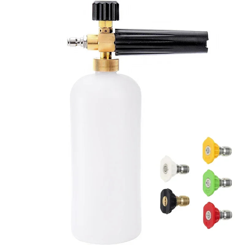 A heavy duty foam pressure washer kit featuring a white bottle and black nozzle assembly.