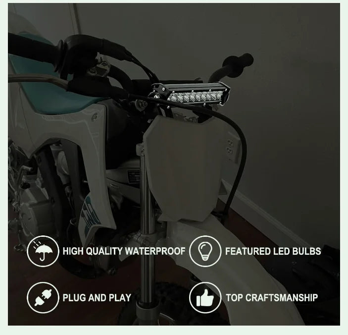 Close-up of a motorcycle LED light bar kit mounted on a bike, highlighting waterproof features and craftsmanship.