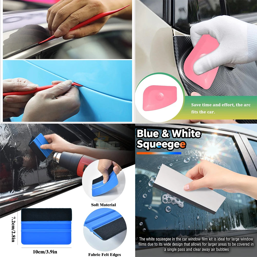 A kit for installing automotive film, showing tools and a pink squeegee used on a car window.