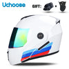 White Uchoose motorcycle helmet with a tinted visor and blue, red, and black accents.