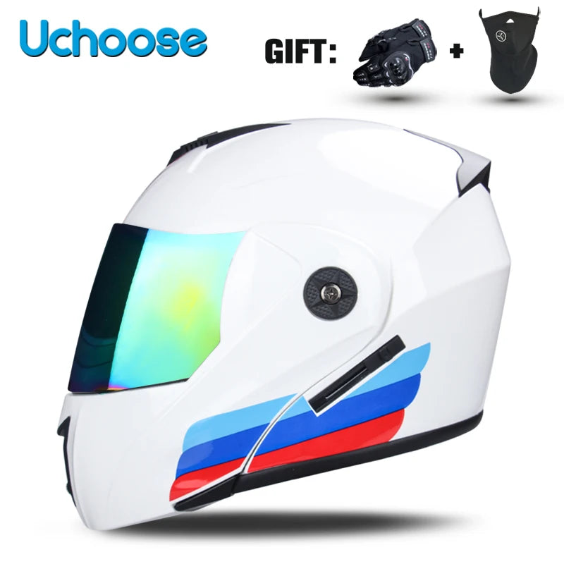 White Uchoose motorcycle helmet with a tinted visor and blue, red, and black accents.