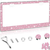 A rhinestone license plate frame with a pink border and various mounting hardware included.