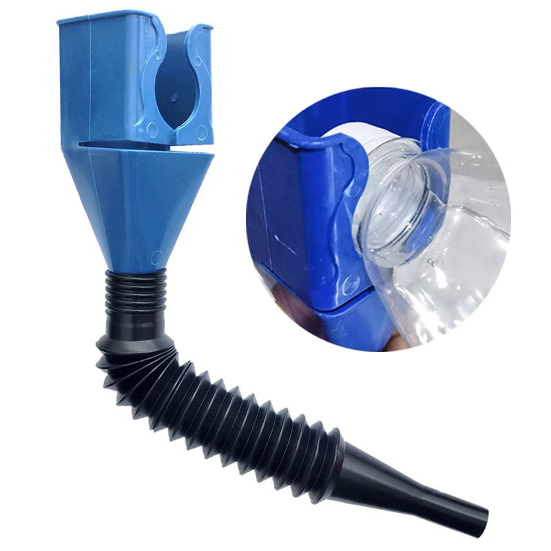 Blue foldable funnel with a black flexible tube for refueling cars and motorcycles