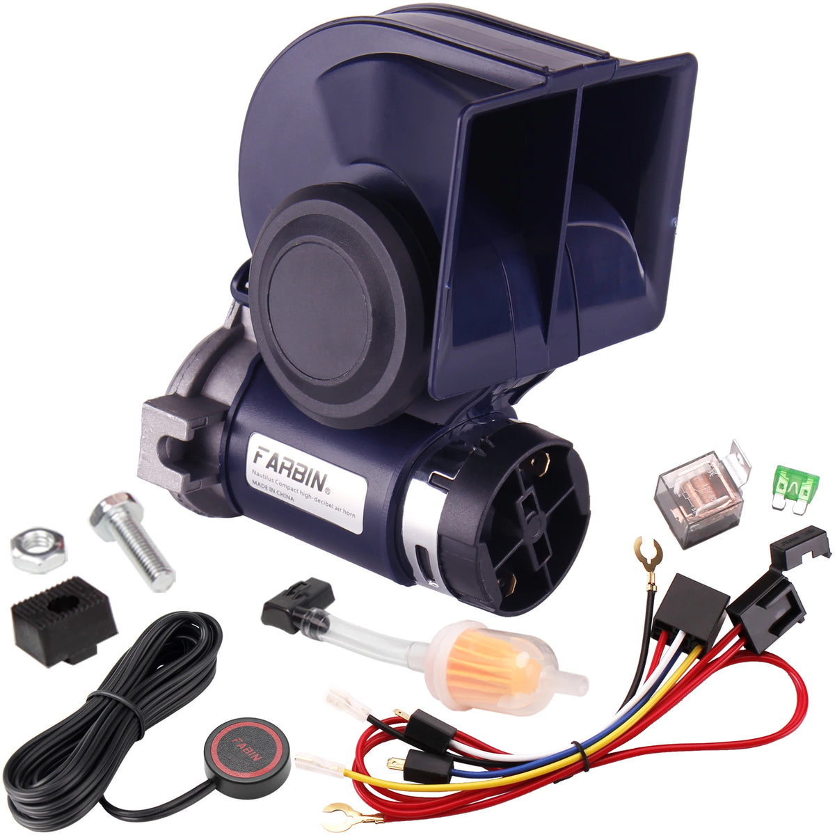 A black and blue dual tone car horn with wiring and mounting hardware is shown.