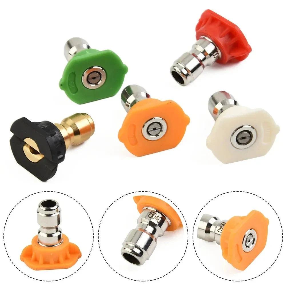 A set of multi-angle high-pressure water nozzles in various colors including green, orange, and white.
