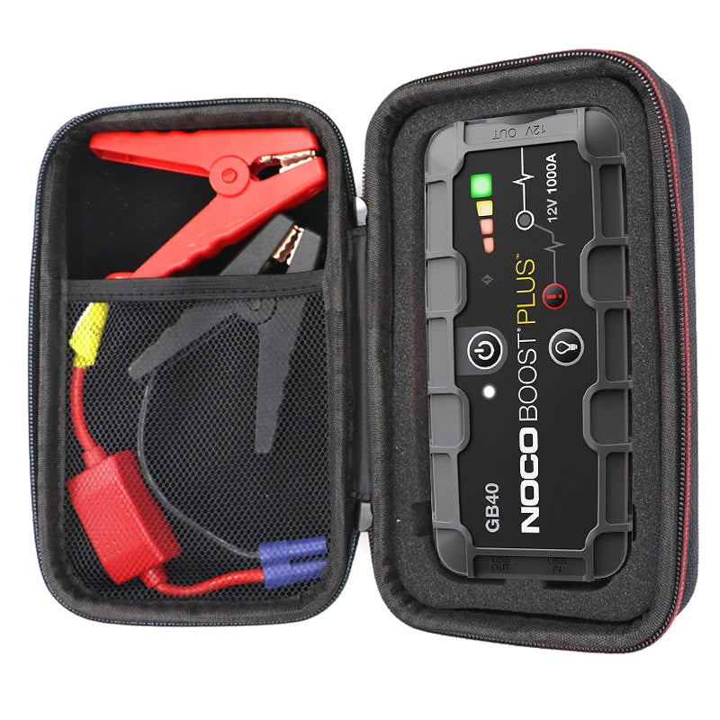 A black protective case containing a red jump starter and its cables.