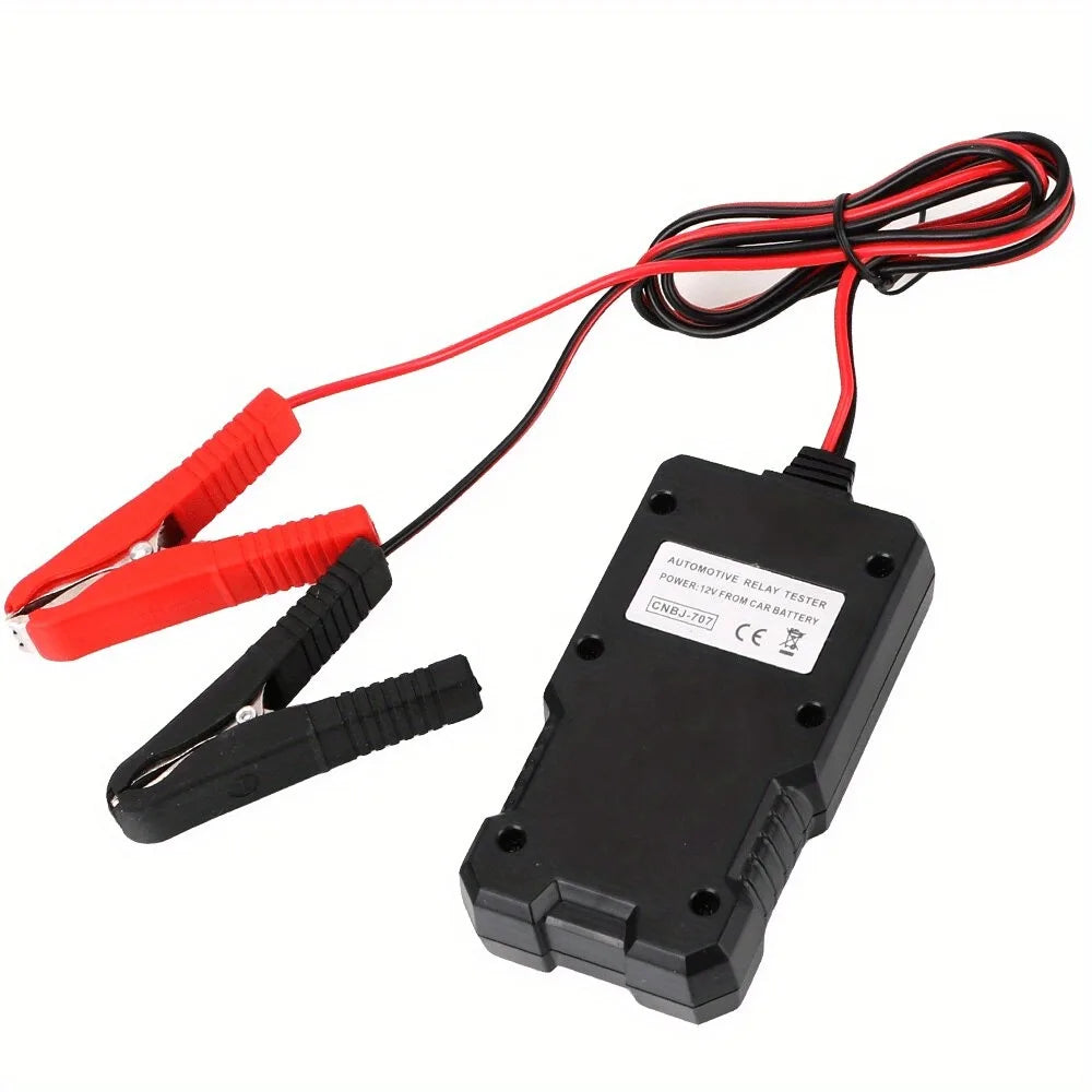 Ein tragbarer 12V Auto-Relais-Tester mit schwarzem Gehäuse und roten Drähten.
