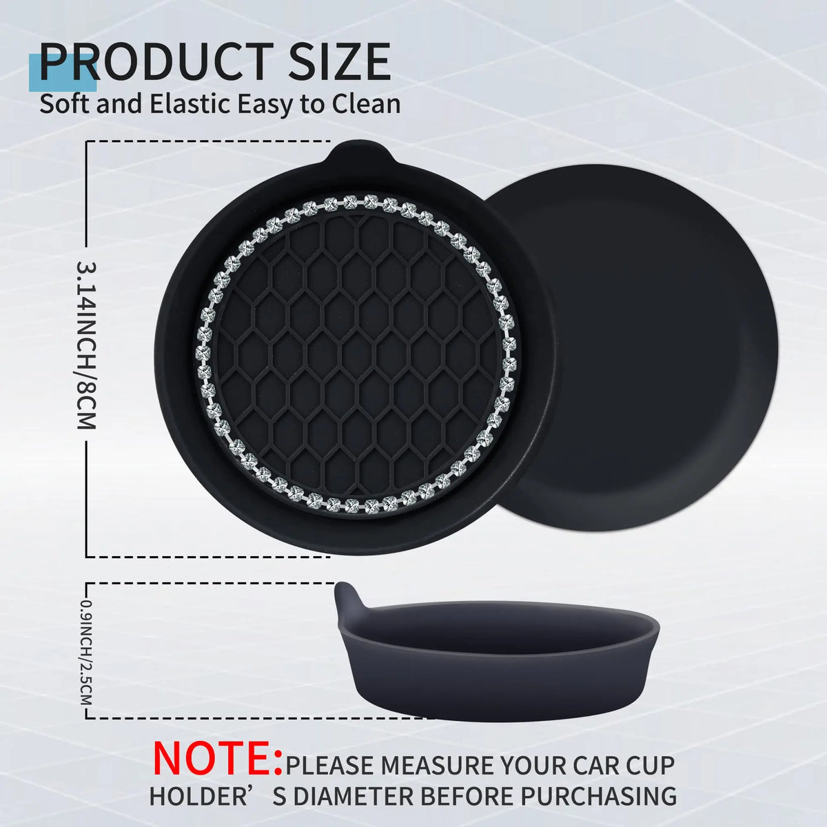 Un juego de portavasos para coche decorativos con cristales y pedrería negra, con nota para medir la taza del usuario.