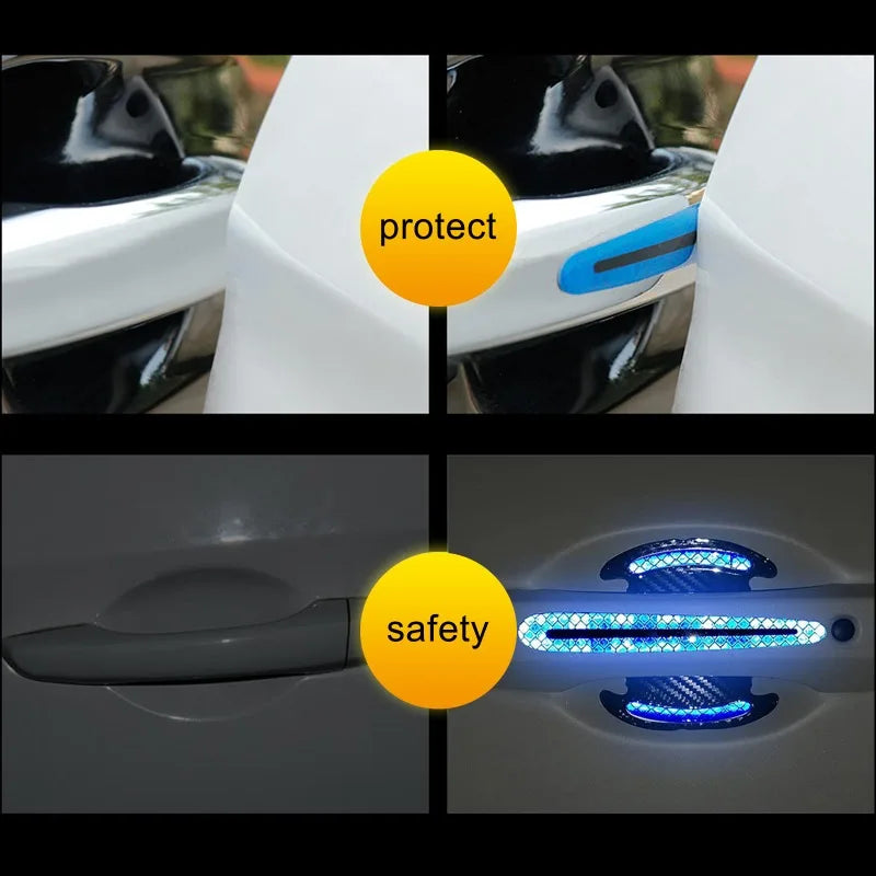 Demonstration of carbon fiber reflective car door handle protectors for safety and protection.