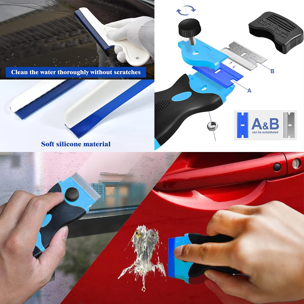 A professional car window tinting tool kit is shown being used to apply a film to a car window.