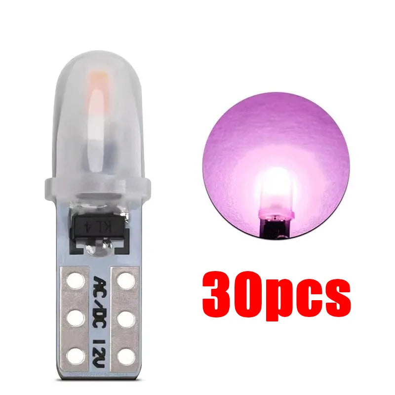 A set of 30 T5 LED dashboard and license plate bulbs, showing the individual bulb and the packaged set.