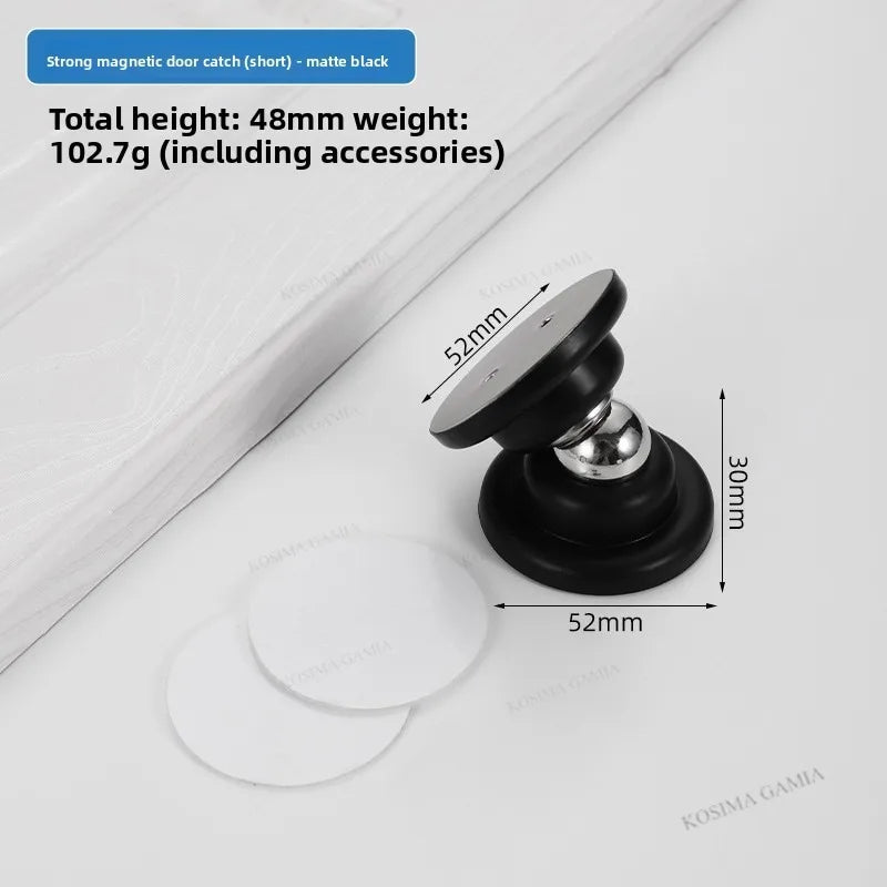 A close-up view of a strong magnetic door catch assembly with a black finish and silver hardware.