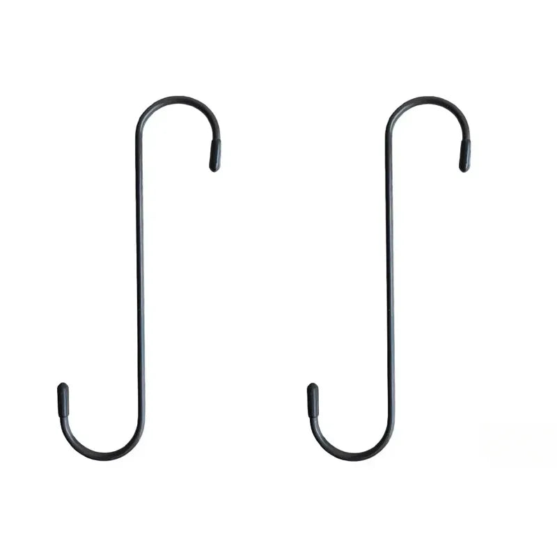 A pair of black suspension disc service brake caliper hooks.