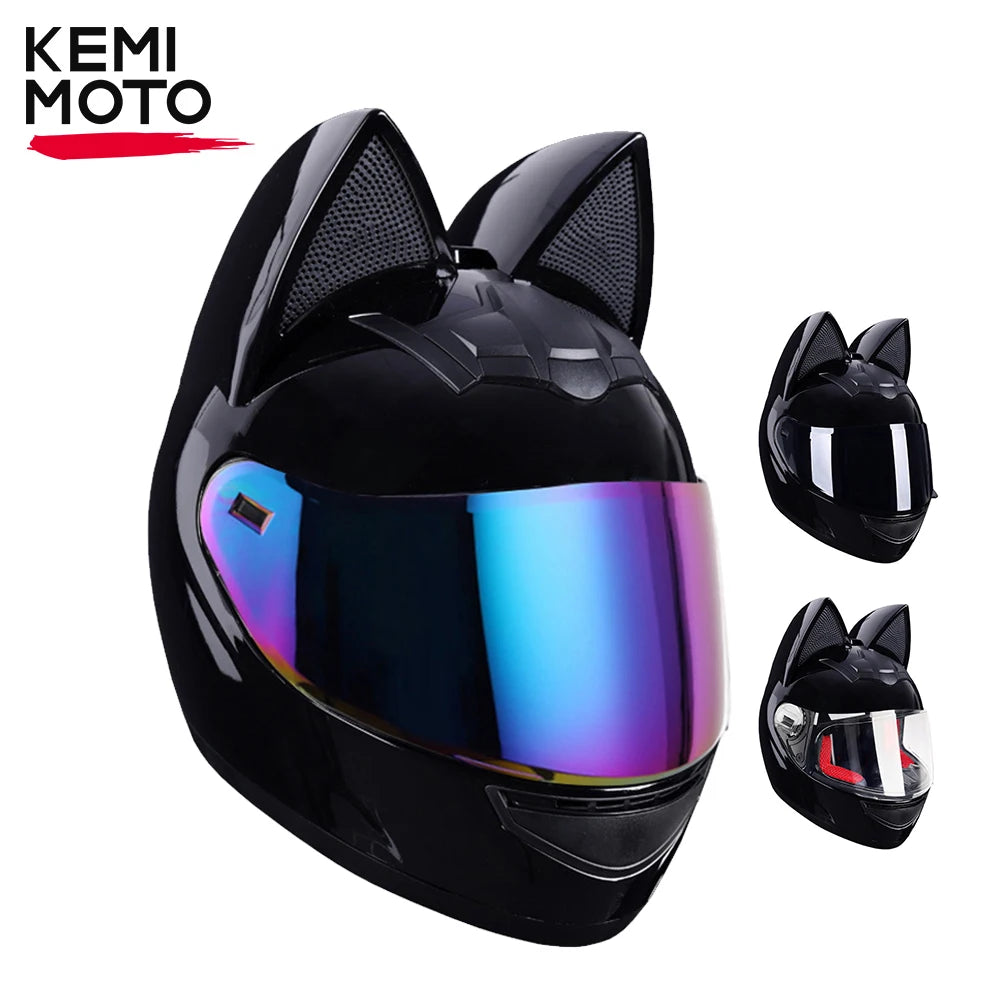 Black cat-ear full face motorcycle helmet with a reflective visor