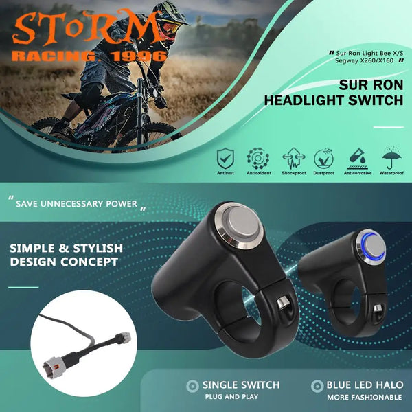 A black CNC aluminum headlight switch for Sur-Ron and Segway bikes, featuring a simple plug and play design.