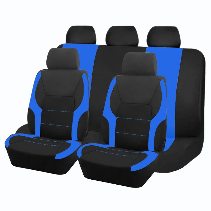 Eine Reihe von schwarzen und blauen universellen Autositzbezügen.