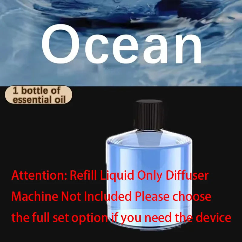 A clear bottle of essential oil with a black cap is shown against a blue ocean background.