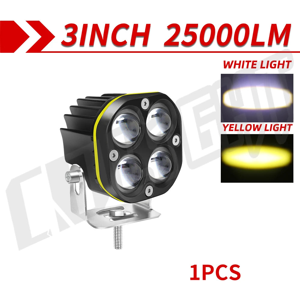 3-Zoll-Hochleistungs-LED-Arbeitslicht mit mehreren Linsen, zeigt weiße und gelbe Lichtoptionen.