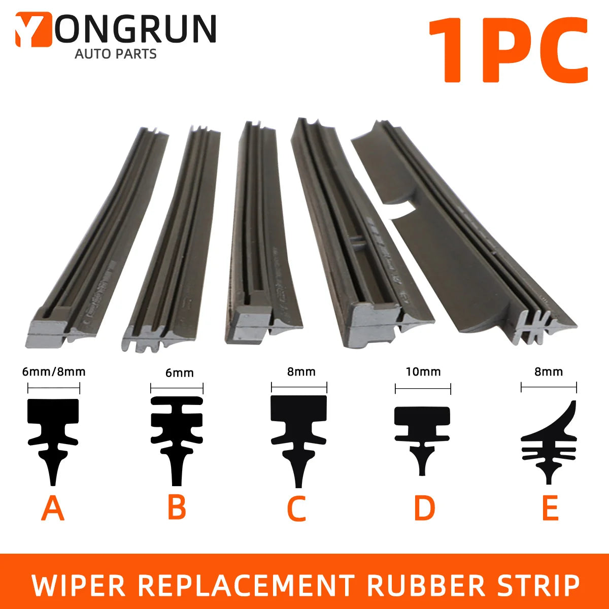 Set of five replacement wiper rubber strips labeled A through E for auto parts