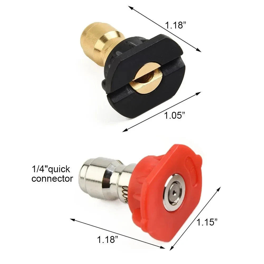 A set of multi-angle high-pressure water nozzles, including a brass nozzle and a quick connector.