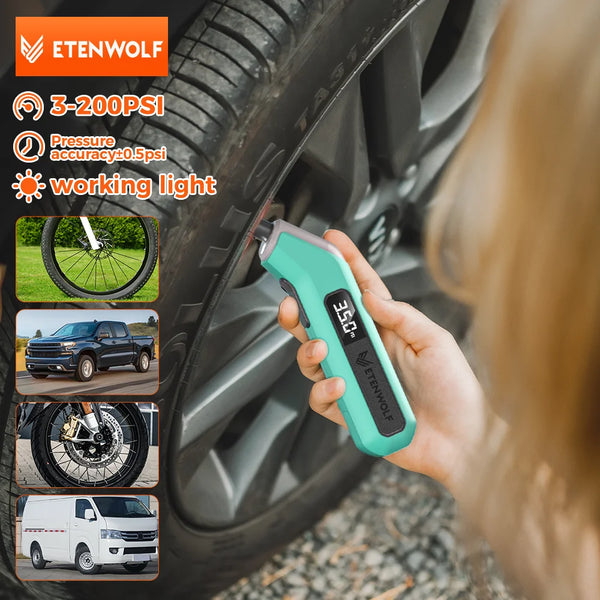 A hand holds a green digital tire pressure gauge against a car tire, demonstrating its use.