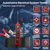 An automotive electrical system tester device with probes and leads is shown next to a battery.