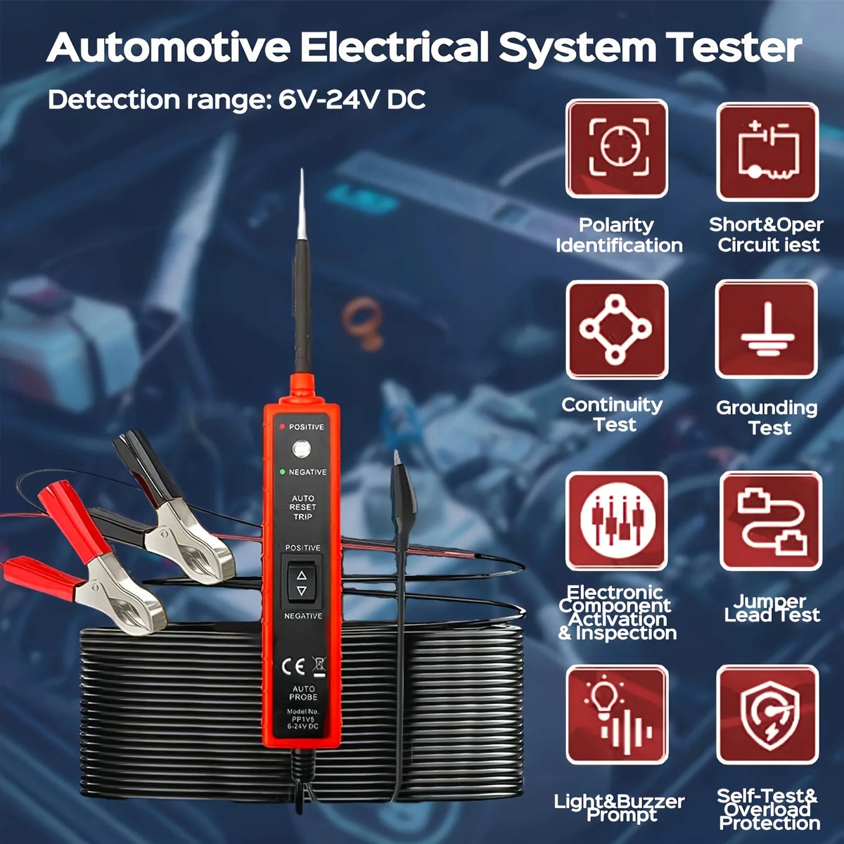 An automotive electrical system tester device with probes and leads is shown next to a battery.