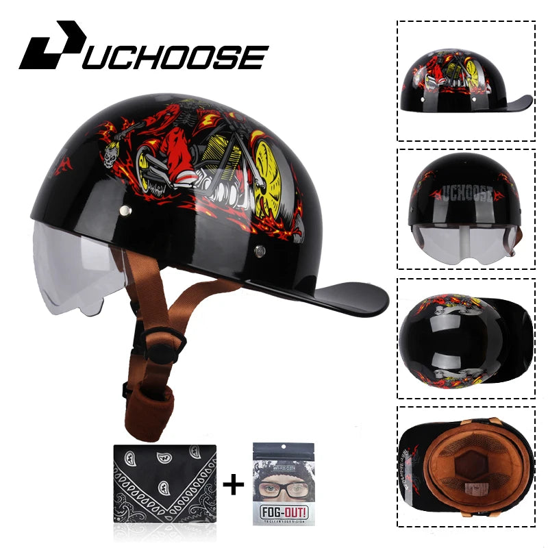 A black vintage open-face motorcycle helmet with a graphic design and included accessories.