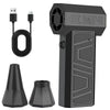 A black high-speed turbo air blower with a DC charging port and various nozzle attachments.
