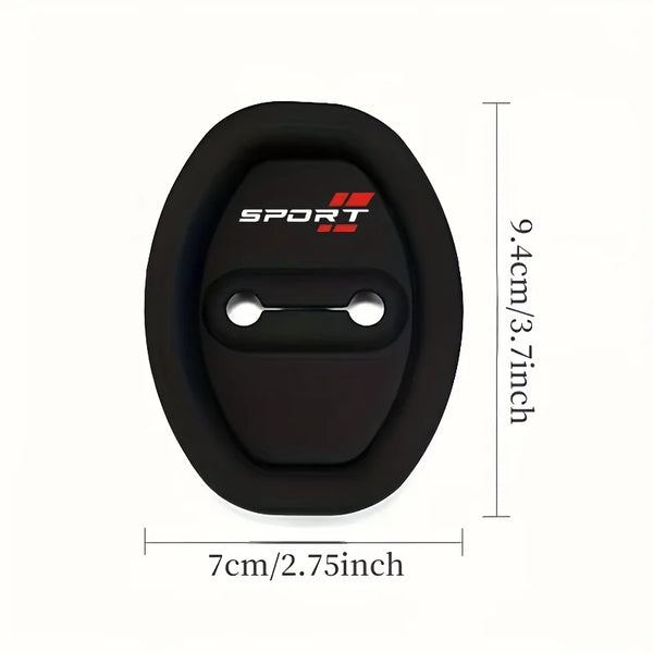 A black universal car door lock protector set with a rectangular opening and mounting holes.