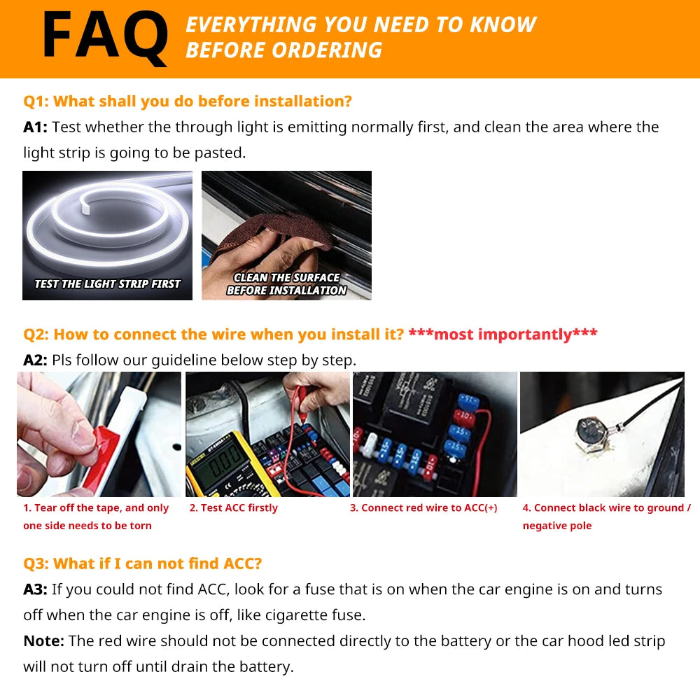FAQ guide showing steps for installing a dynamic LED car hood light strip including testing and wiring instructions