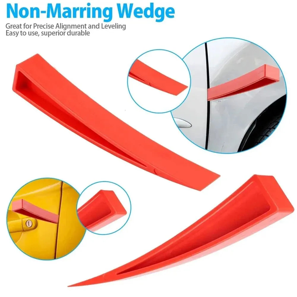 A red non-marring wedge tool used for precise alignment and leveling of car doors.