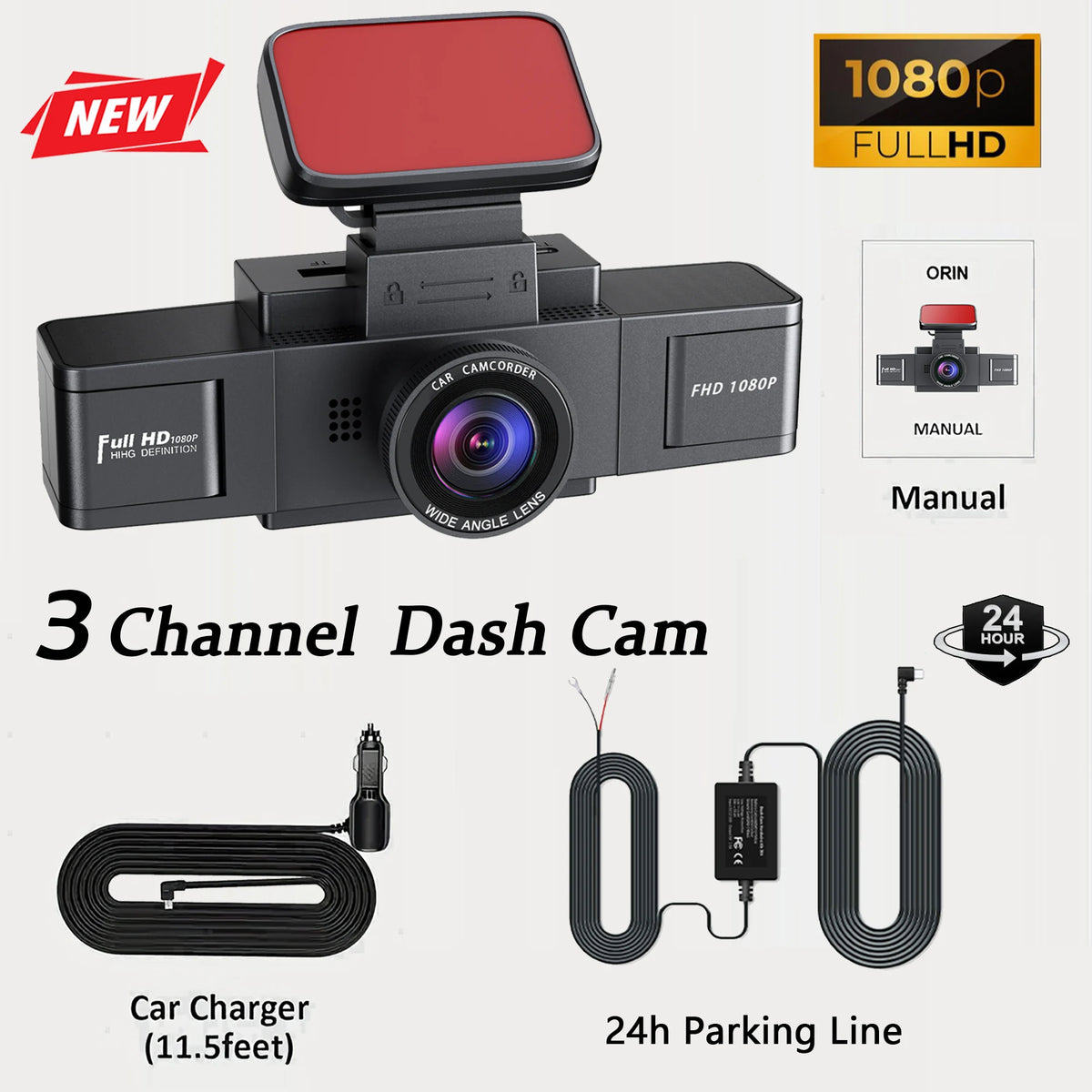 Caméra dashcam noire 3 canaux avec grand écran et objectif grand angle, avec câbles pour charge et stationnement 24h.