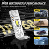An IP68 waterproof LED car headlight conversion kit demonstrating performance in rain, dust, snow, and fog conditions.
