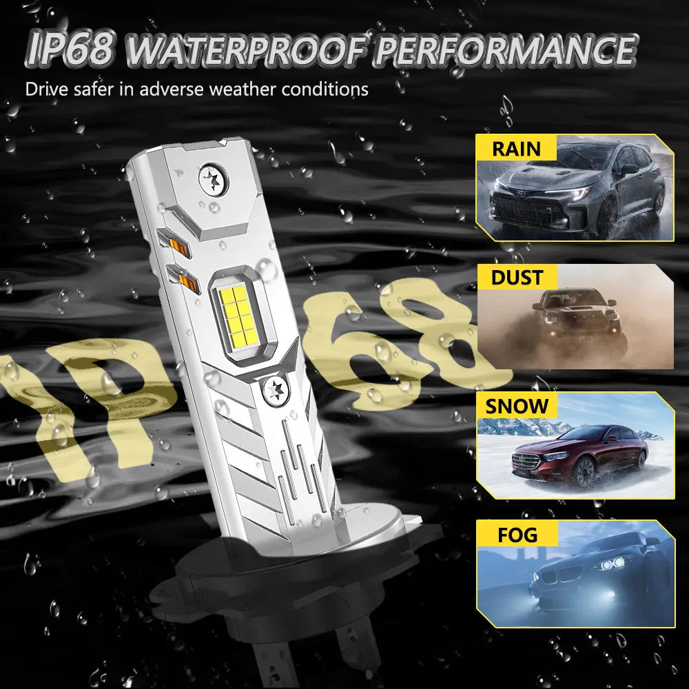 An IP68 waterproof LED car headlight conversion kit demonstrating performance in rain, dust, snow, and fog conditions.