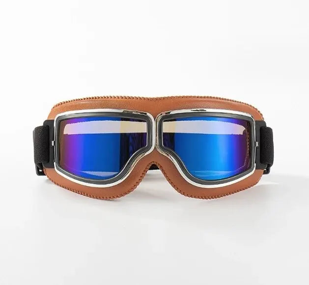 A pair of brown leather retro folding motorcycle windproof glasses with blue mirrored lenses.