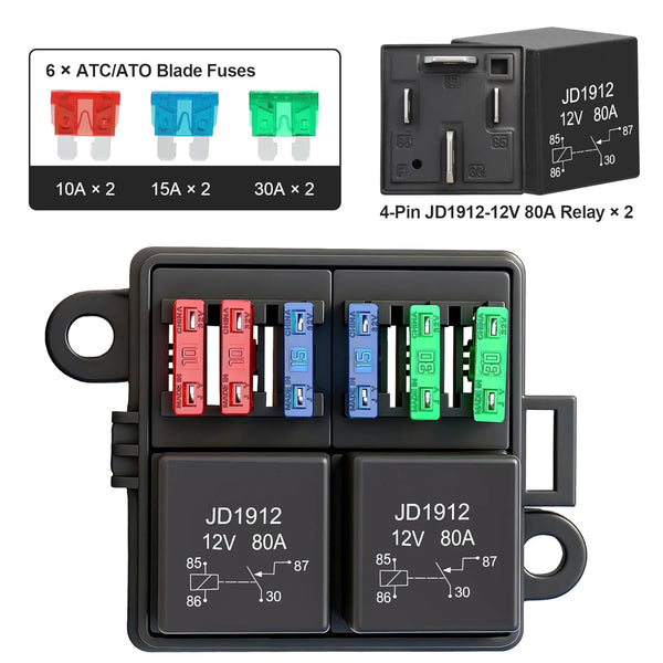 A block kit containing six ATC/ATO blade fuses and two JD1912 12V 80A relays.