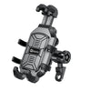 A heavy-duty motorcycle phone mount with a fork stem base in black.