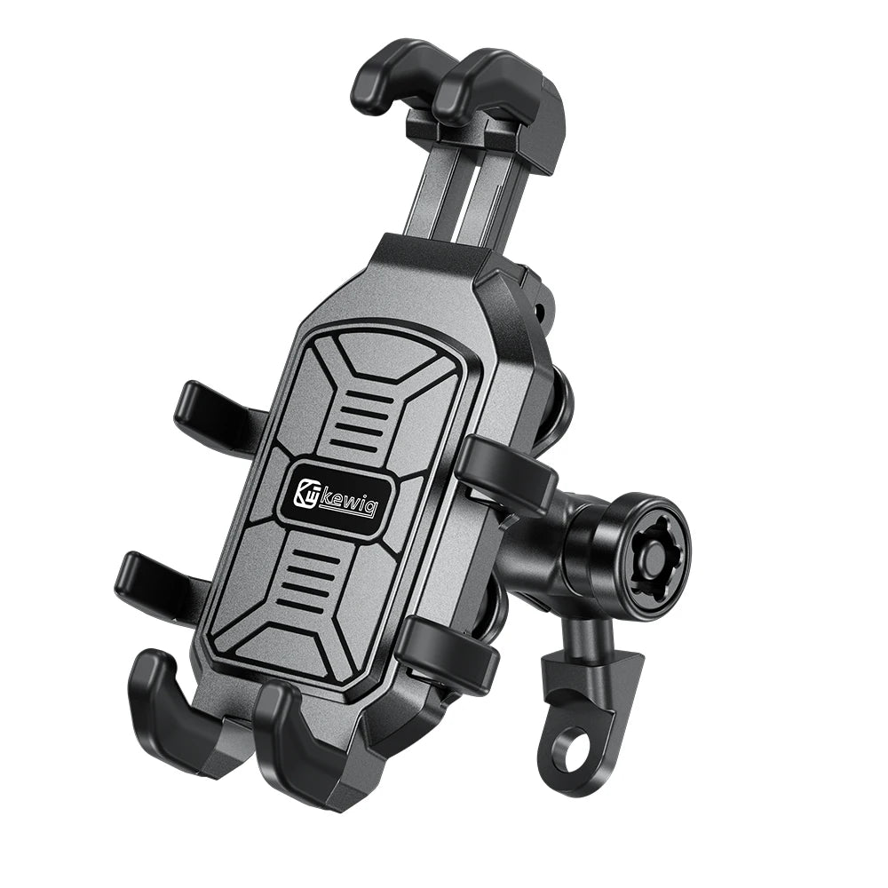 A heavy-duty motorcycle phone mount with a fork stem base in black.