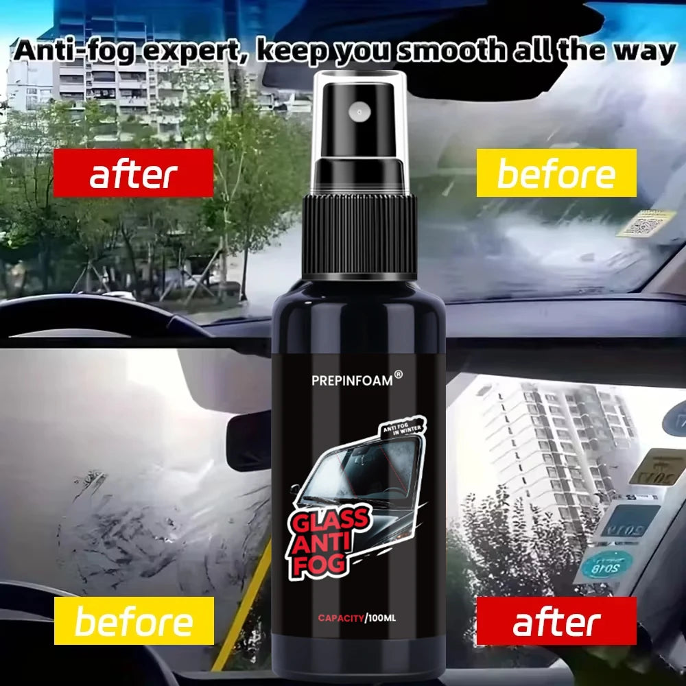 Before and after comparison of anti-fog glass spray on a car windshield.