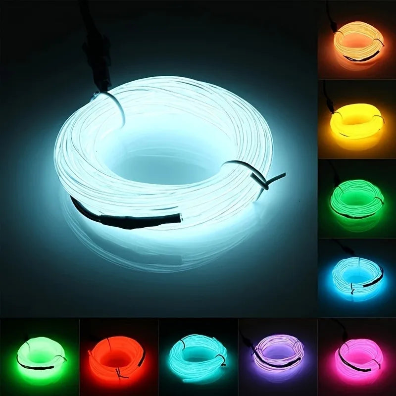 Flexible LED wire coiled in a circular shape with various colored light outputs.
