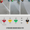 Five pressure washer nozzle tips in various colors and angles shown for cleaning