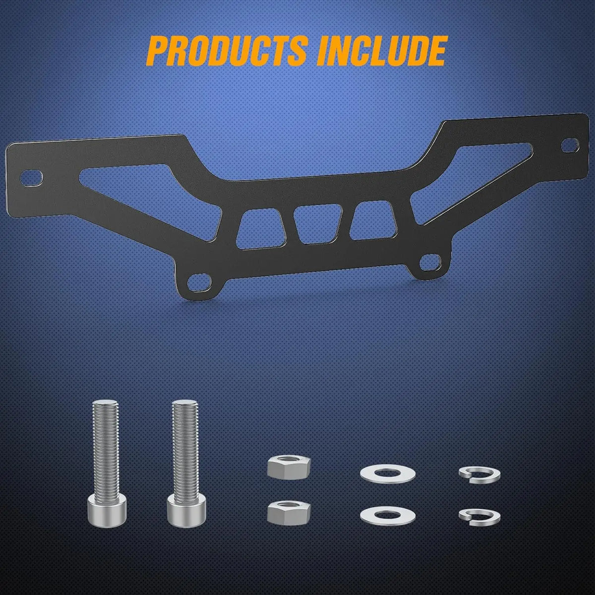Black metal mounting brackets and various screws and washers for a UTV front side light bar.