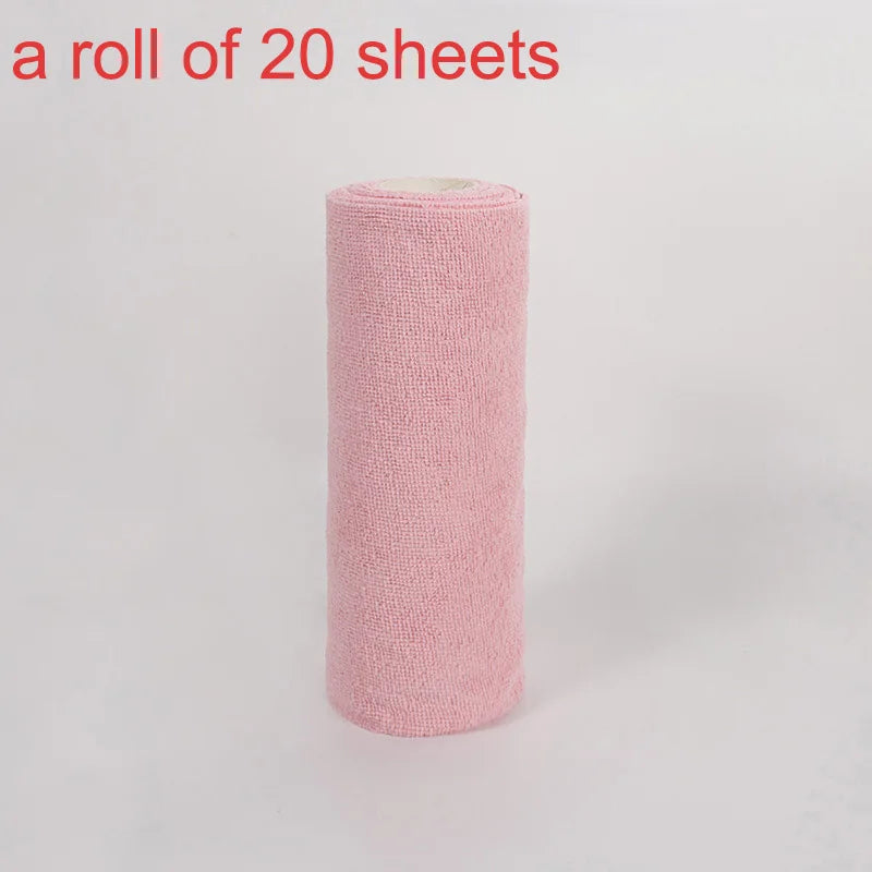 A roll of 20 pink reusable microfiber cleaning towels.