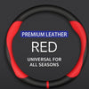 A black leather steering wheel cover with red accents, described as premium leather universal for all seasons.