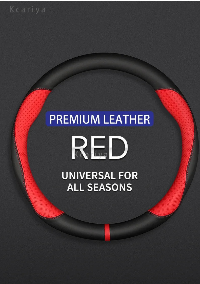 A black leather steering wheel cover with red accents, described as premium leather universal for all seasons.