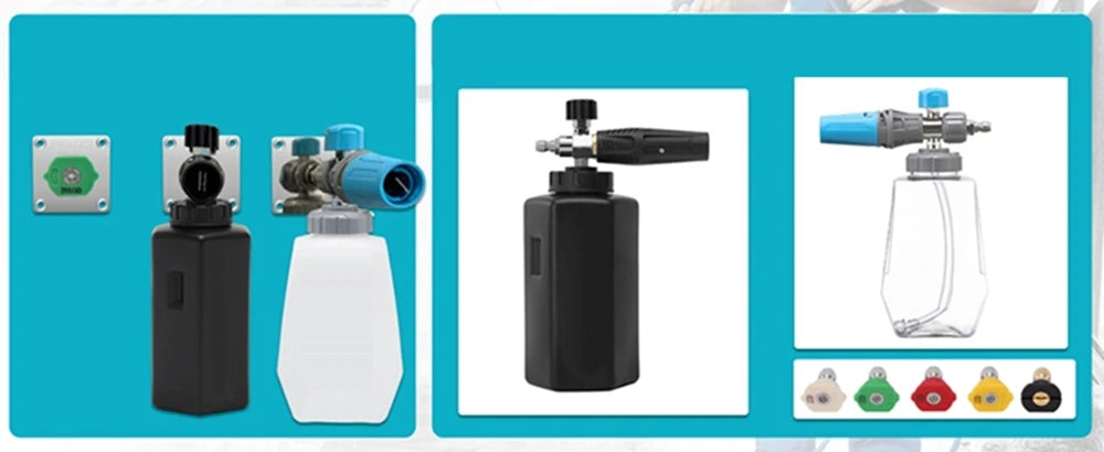 Étagère de stockage pour canon à mousse en acier inoxydable avec adaptateurs à connexion rapide, montrée en diverses configur