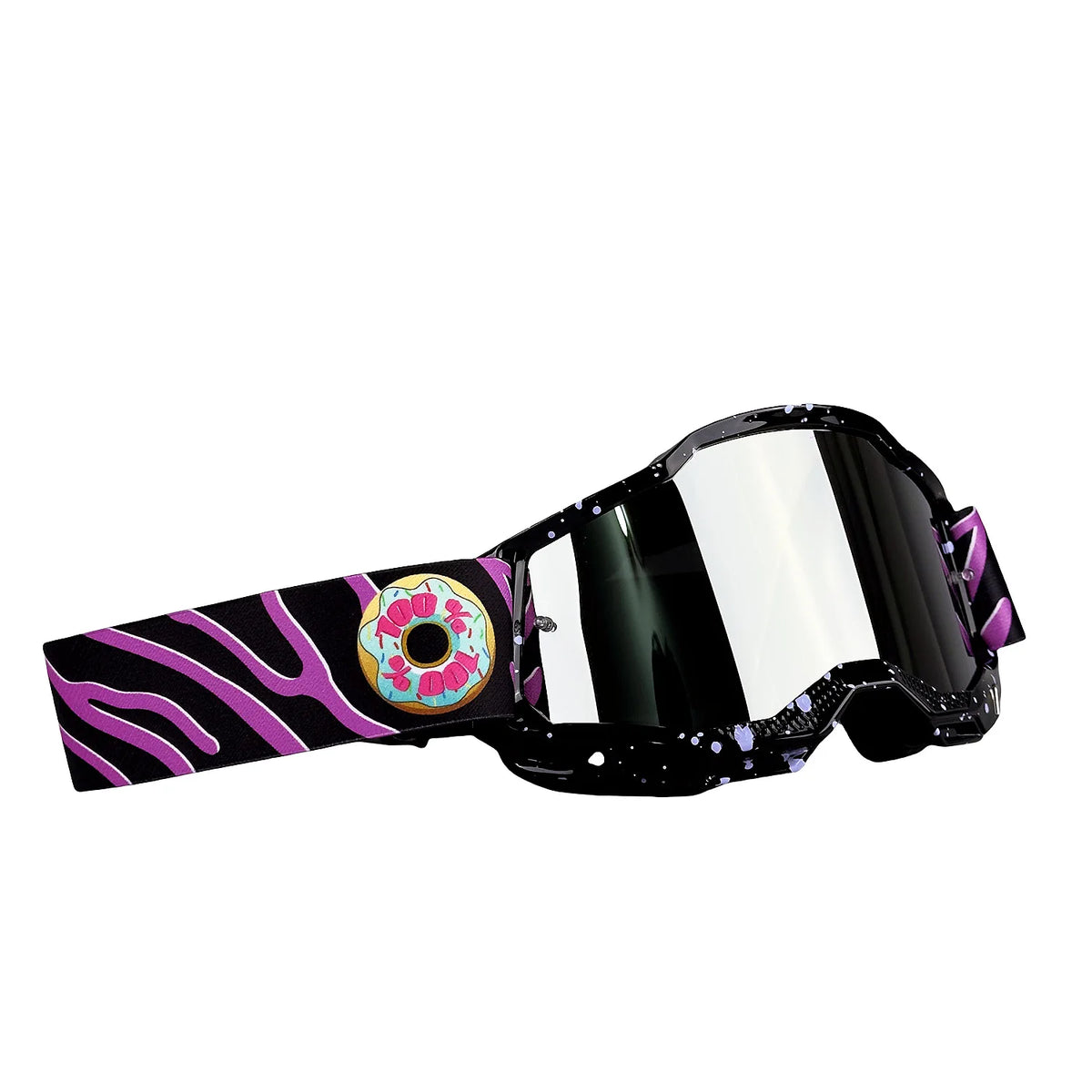 Ein Paar vielseitige Fahrrad- und Skygoggles mit lila und schwarz Akzenten und einer farbigen Linse.